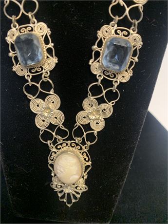 Vintage Art Deco Sterling Silver Filigree Cameo Blue Topaz Necklaces/Bracelet