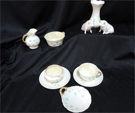 Vintage BELLEEK Two Porcelain Miniature Pigs / Pitcher / Vase / Teacups