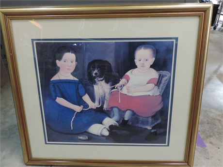 Large Framed Print 'Two Girls and a Dog'