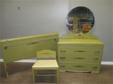 Vintage Green Antiqued Painted Dresser, Mirror, Side Chair and Bed Head Board
