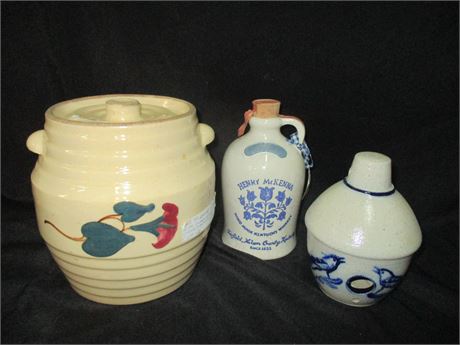 3 piece Ceramic Pot and Jug Lot, Old Yellowware Cookie Jar, Whiskey Jugs