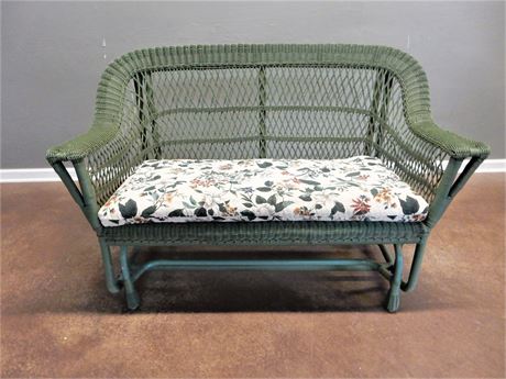 Green Synthetic Wicker Patio/Sunroom Glider with Comfy Floral Cushion.