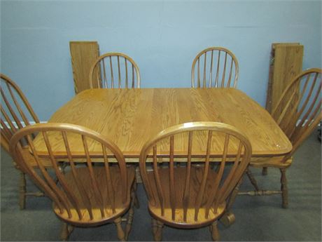 Classic Large Solid Wood Dining Table and 6 Chairs, 4 Leafs (12" Each),