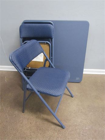 Folding Table and Chairs Set, 3 Blue Thick Cushion Chairs and Matching Table