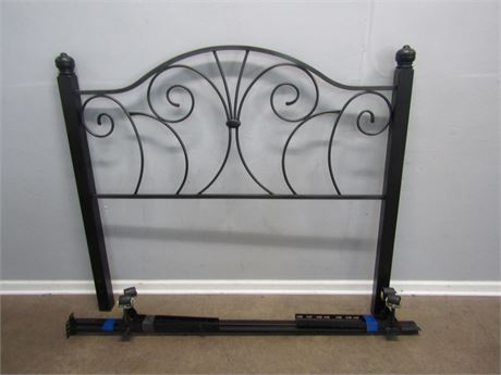 Decorative Queen Black Metal Head Board with Rails and Rollers