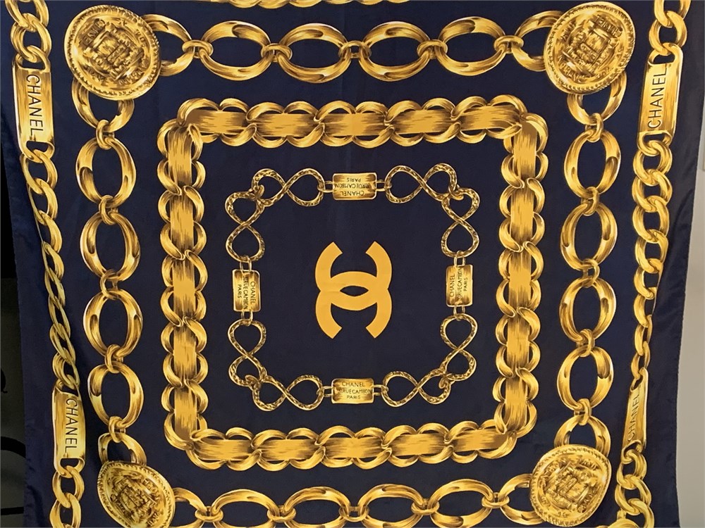 CHANEL Silk CC Logo Chain Scarf Black Gold