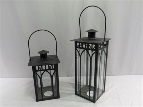 2 Decorative Lanterns -  Metal & Glass Pillar Candle Holders