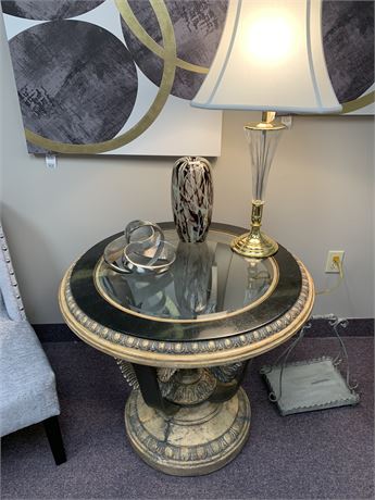 Glass Top Pedestal Accent Table with Decorative Base
