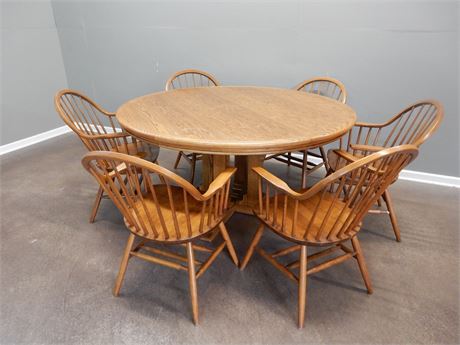 Round Wood Pedestal Dining Set With Six Chairs