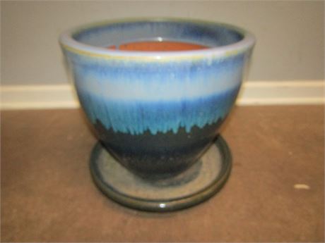 Ceramic Blue Drip Planter Vase, with Water Dish