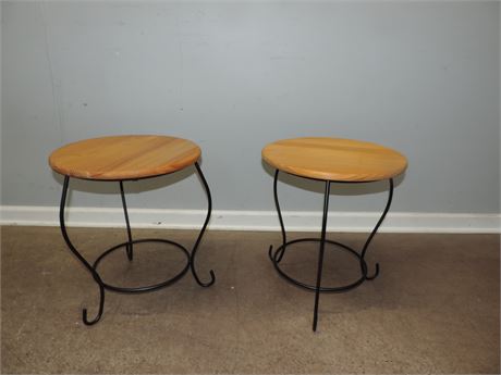 Pair of Metal Base / Solid Wood Top / Side Tables