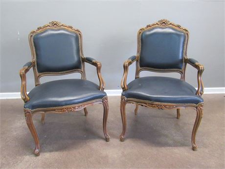 2 Chateau D'ax - Italy French Louis XV Style Blue Leather Arm Chairs