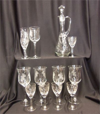 Vintage Etched Glass Decanter and Glasses