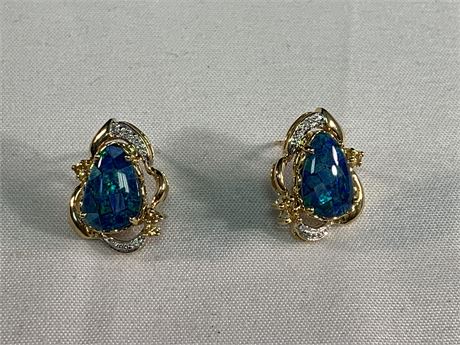 10KT Mosaic Pierced Opal Earrings with Diamond Accents