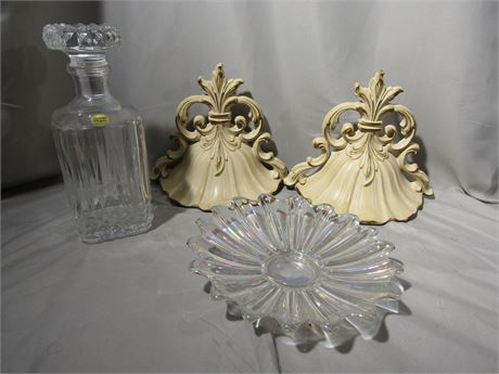 Crystal Decanter and Dish with Syroco Wall Pockets, Mid Century