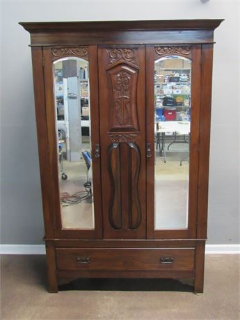 Antique Carved Bedroom Armoire with 2 Beveled Glass Mirrors