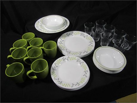 Corelle Stoneware Co. Green Cups, Plates and Durale Clear Glass