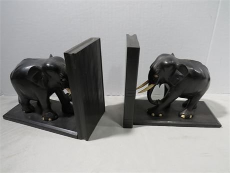 Hand Carved Wooden Elephant Bookends