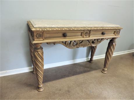 Ornately Carved / Console Table / Bisque Finish / Marble Top