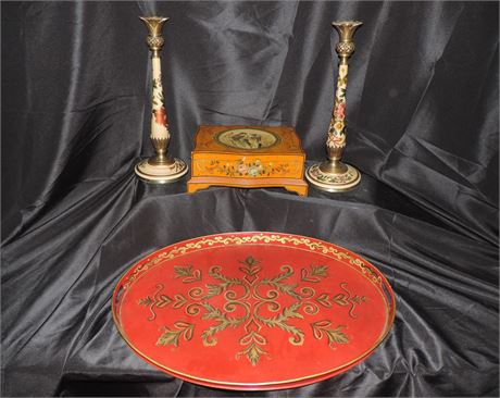 Pair of Wooden Candlesticks / Jewelry Box