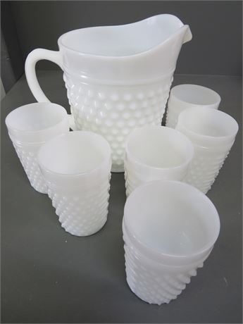 Hobnail Milk Glass Pitcher & Glasses Set