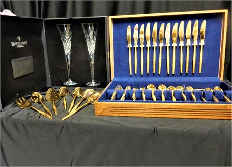 Florentine Gold Electroplate Silverware Set / Wood Case / Waterford Crystal Lot