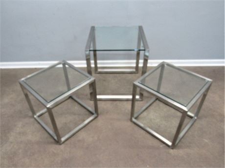 3 Satin Finished Aluminum Tables with Glass Tops