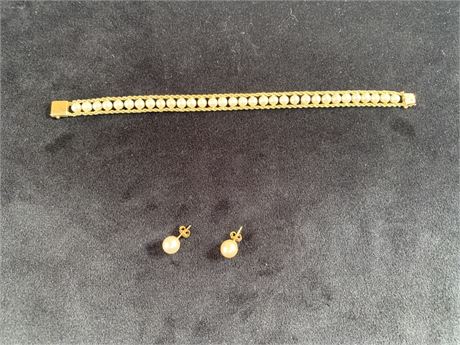 14KT Yellow Gold Rope Bracelet with Pearls/Pearl Earrings