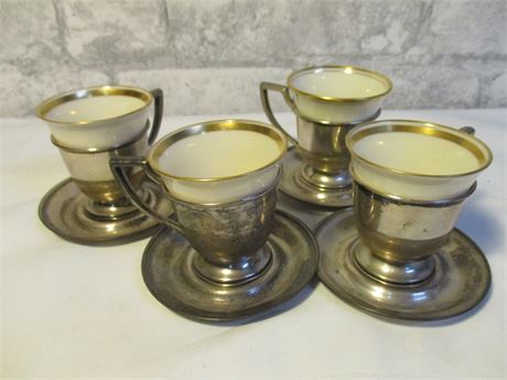 Vintage - 4  Lenox Sterling Silver Demitasse Cups & Saucers Tea Espresso Coffee