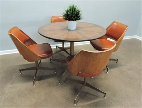 Mid Century Modern Orange Slice / Swivel Chairs / Dining Set / Five Pieces