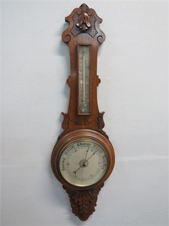 Carved Oak Wall Barometer/Thermometer