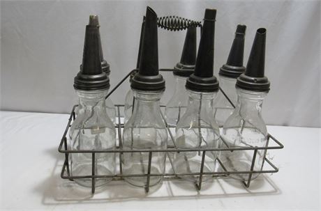 Vintage Metal Gas/Service Station Oil Bottle Carrier with 8 Bottles