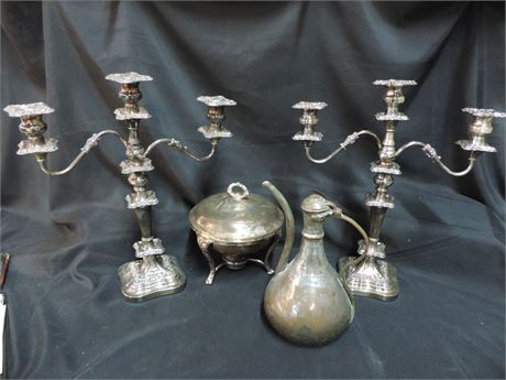 Pair of Silver Plate Candelabras / Sterno Server / Pitcher