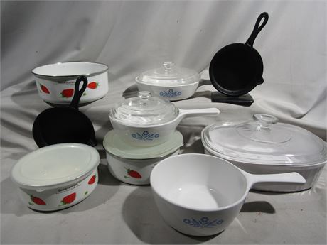 Large Bakeware Collection, Pots, Lidded Pans and Pan Bookends