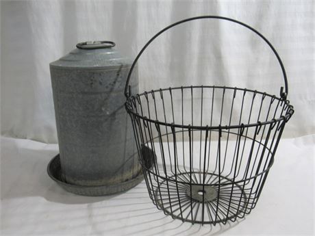 Vintage Galvanized Chicken Waterer/Dispenser and Wire Egg Basket