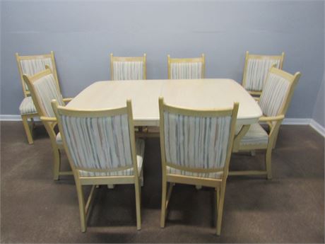 Vintage Pale Wood Dining Set with 8 Pastel Color Cushion Chairs